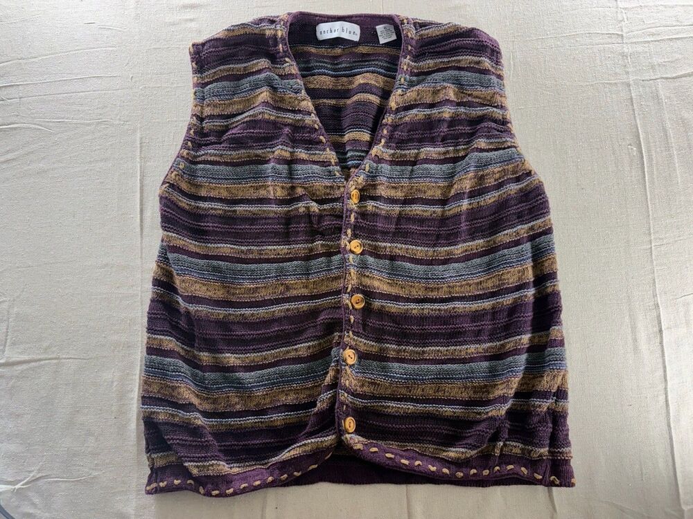 Vintage 90s Anchor Blue Multi-Color Striped Cotton Knit Sweater Vest - Size XL